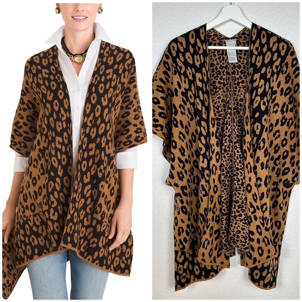 Chico’s Blanket Wrap Animal Print Shawl Brown Poncho Wool Blend Leopard Sz S/M